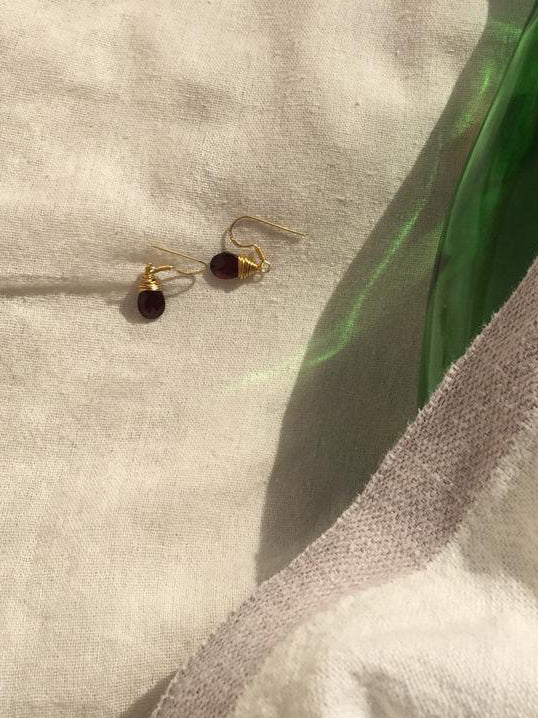 uyam - Garnet Almond Drop wire wrapped Earrings