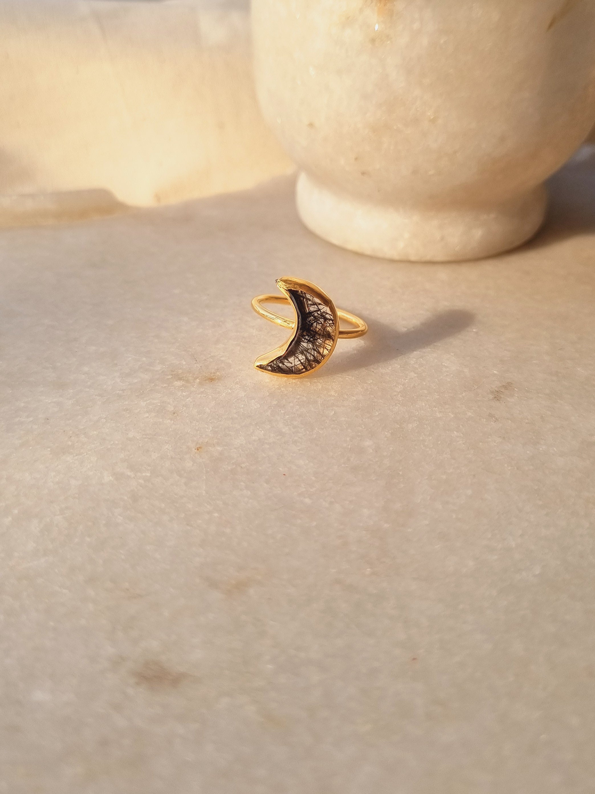 chandra - Black Rutilated Quartz Luna Ring