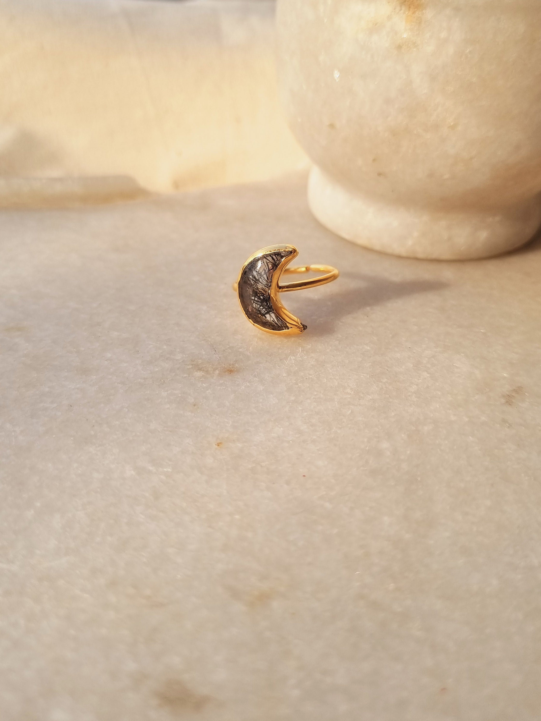 chandra - Black Rutilated Quartz Luna Ring