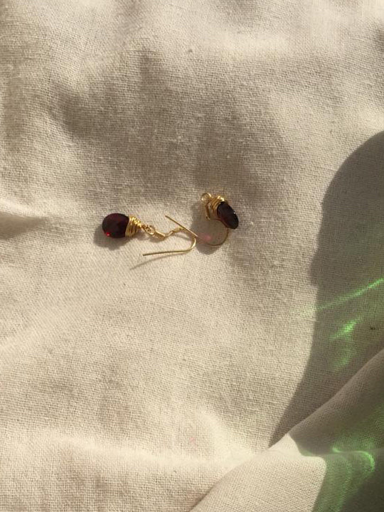 uyam - Garnet Almond Drop wire wrapped Earrings