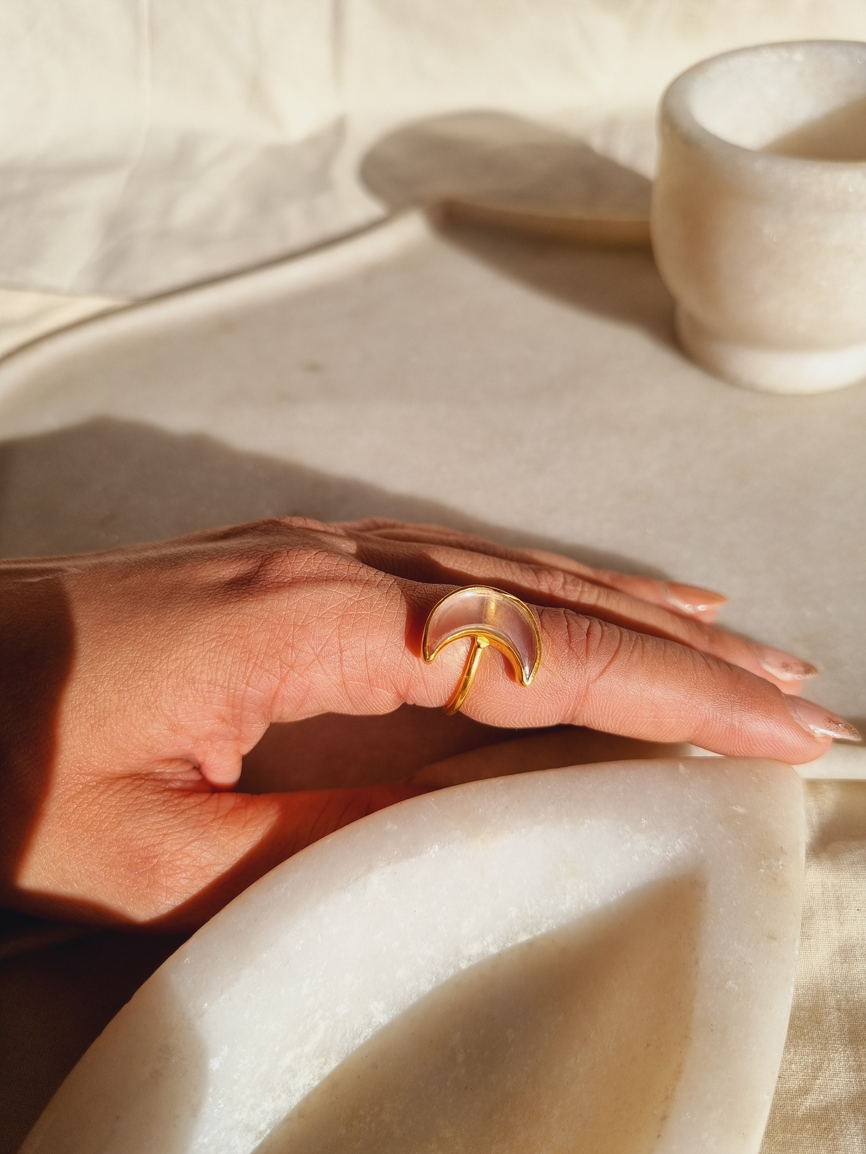 chandra - Rose Quartz Luna Ring