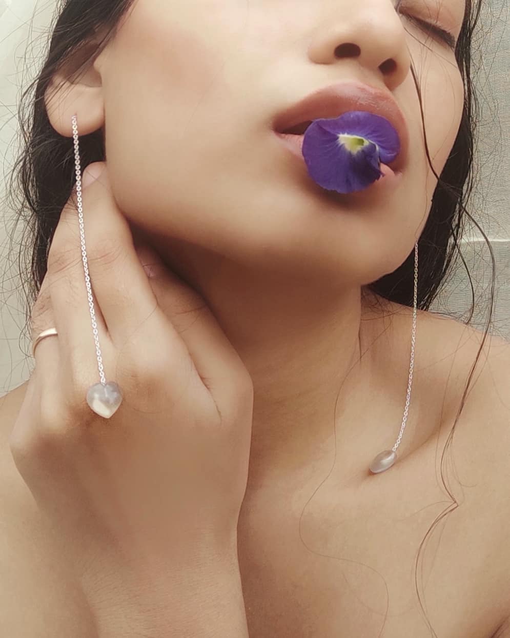 adyati - Grey Moonstone Heart Threader Earrings