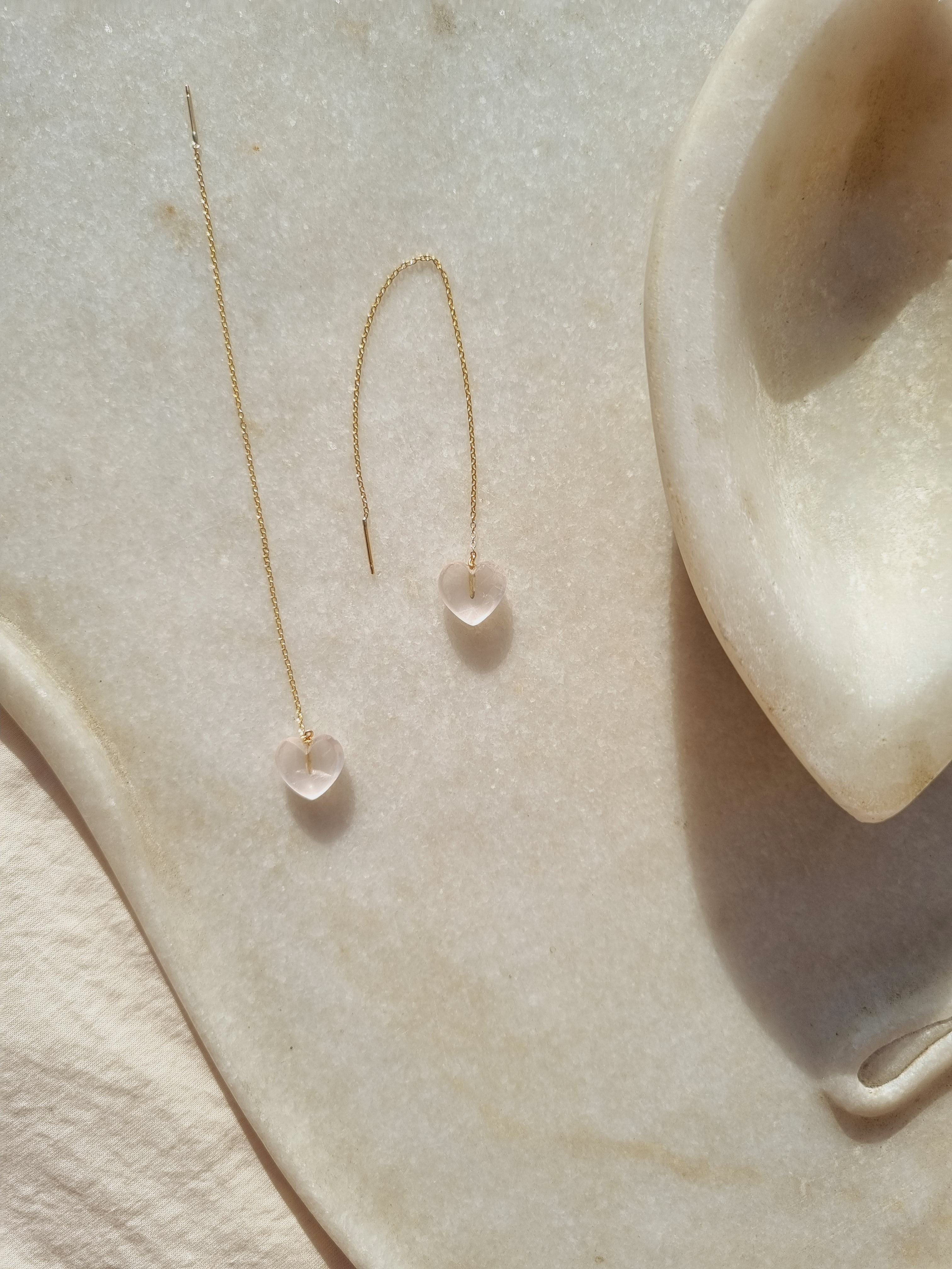 adyati - Rose Quartz Heart Threader Earrings